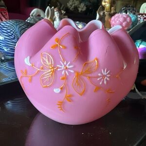 Victorian Mt. Washington Pink Satin Enameled Art Glass Rose Bowl